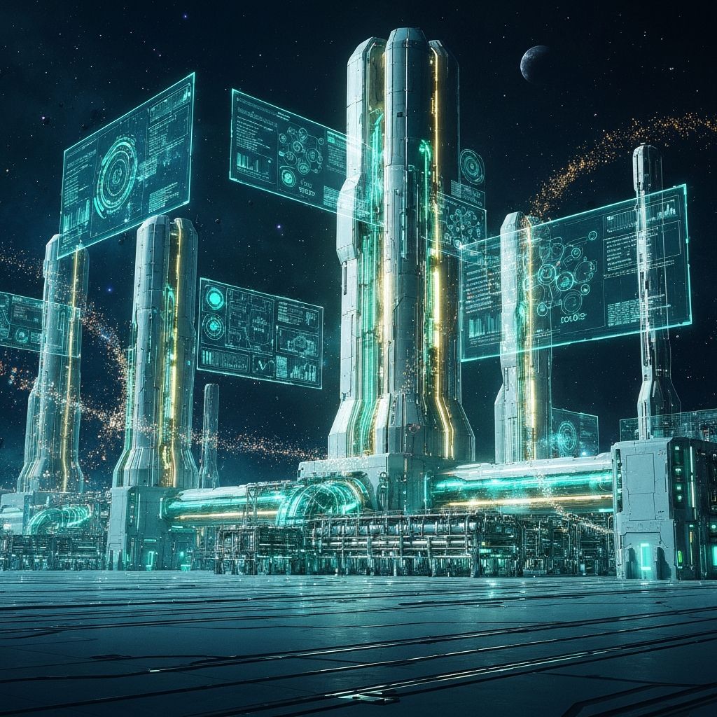 Advanced quantum refinery concept with holographic displays and energy flows