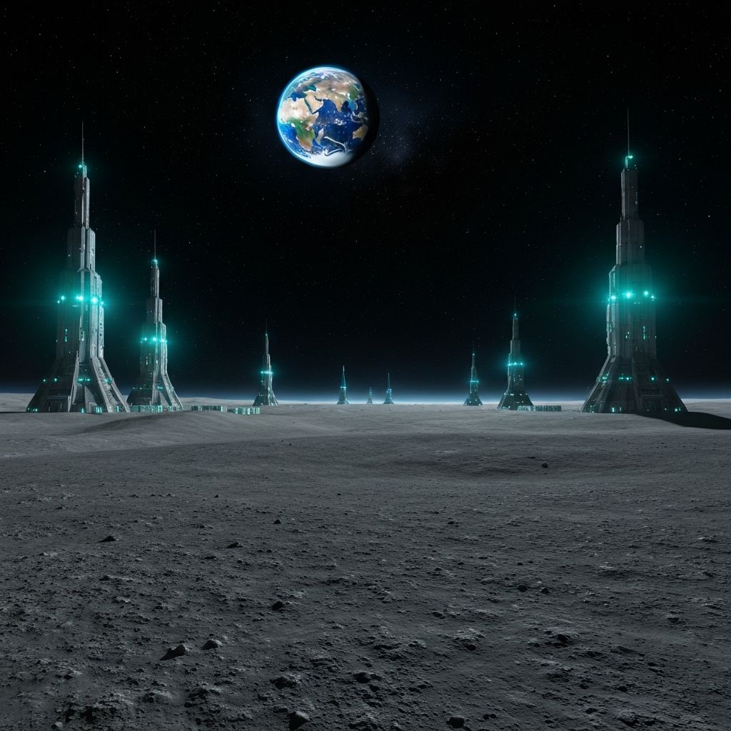 Lunar mining facility with Earth visible in the sky